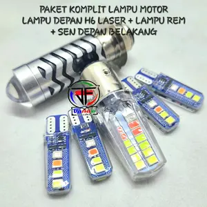 PAKET KOMPLIT Lampu Motor ( H6 Laser Putih Kuning + Stop Rem Running BOLVAN RGBW + Sen Jelly Kedip 4 Warna RGBW Depan Belakang Universal DC 12 Volt Motor Motorcycle Kendaraan