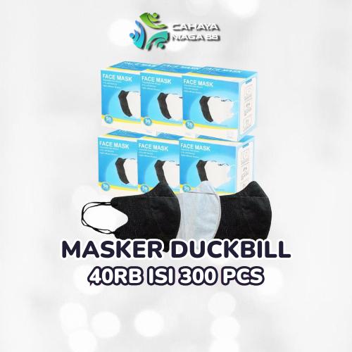 (50Rb Isi 6) Masker Duckbill Garis 3 Ply Face Mask - Hitam 6 Pcs, Free Box