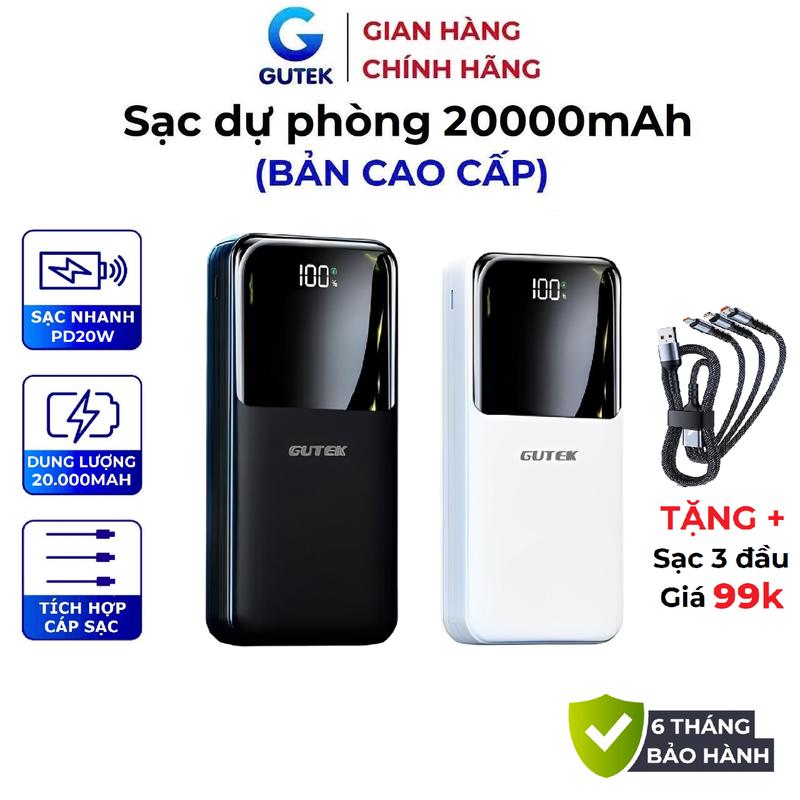 [Tặng sạc 3 đầu] Sạc dự phòng Gutek GT69 20000mAh sạc nhanh PD20W Pin dung lượng lớn đi kèm dây