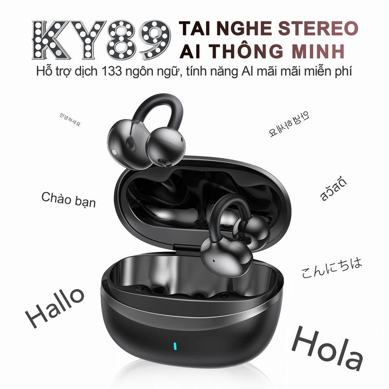  KY89-AI Tai Nghe Kẹp Tai Tai nghe AI dịch đồng thời Có thể dịch được 133 ngôn ngữ Dịch trực tiếp khi gọi video  hiển thị chữ  Dịch trực tiếp khi xem video  hiển thị chữ  Thiết kế cầu chữ C Âm thanh HiFi  AI miễn phí trọn đời  