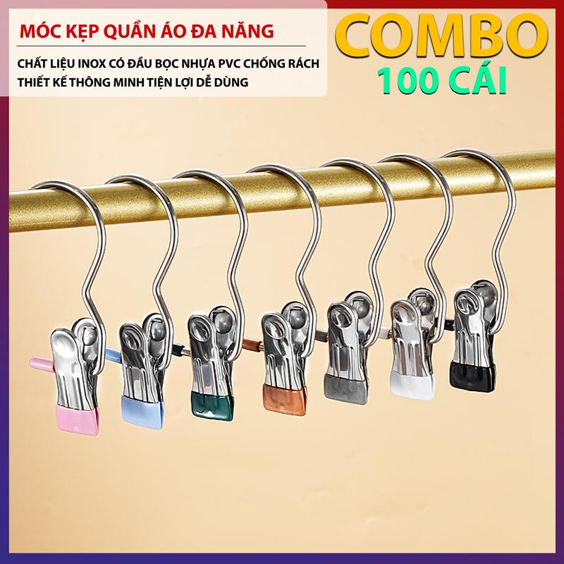 COMBO 100 Móc Kẹp Quần Áo Đa Năng DLS Móc Treo Quần Áo Có Đầu Kẹp Bọc Nhựa PVC Chắc Chắn Bền Bỉ Chất Liệu Inox Không Gỉ