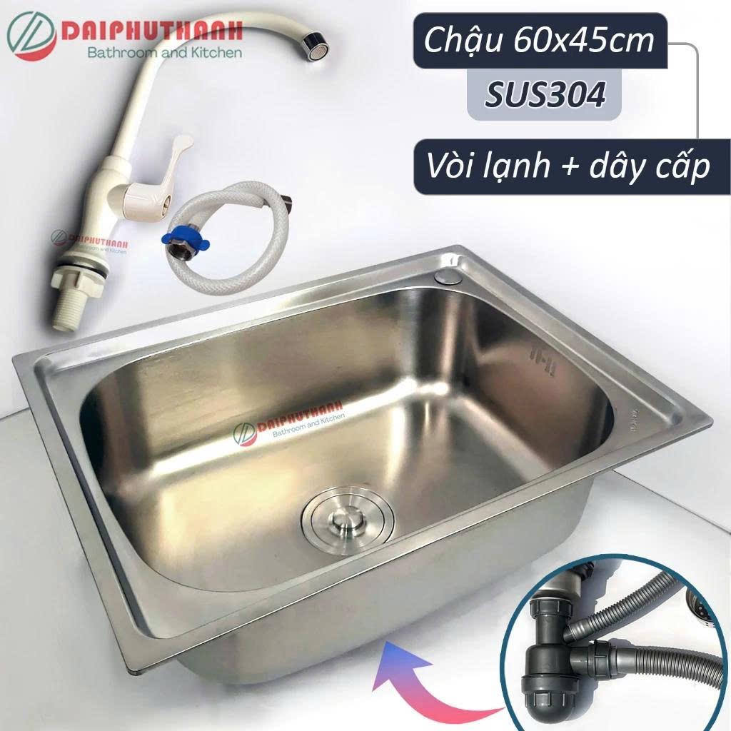 Bộ Chậu Rửa Bát 1 Hộc Inox SUS304 Kèm Vòi Lạnh 60x45cm - Chậu đủ xi phông, kiểu bo tròn góc, 2 lựa chọn vòi