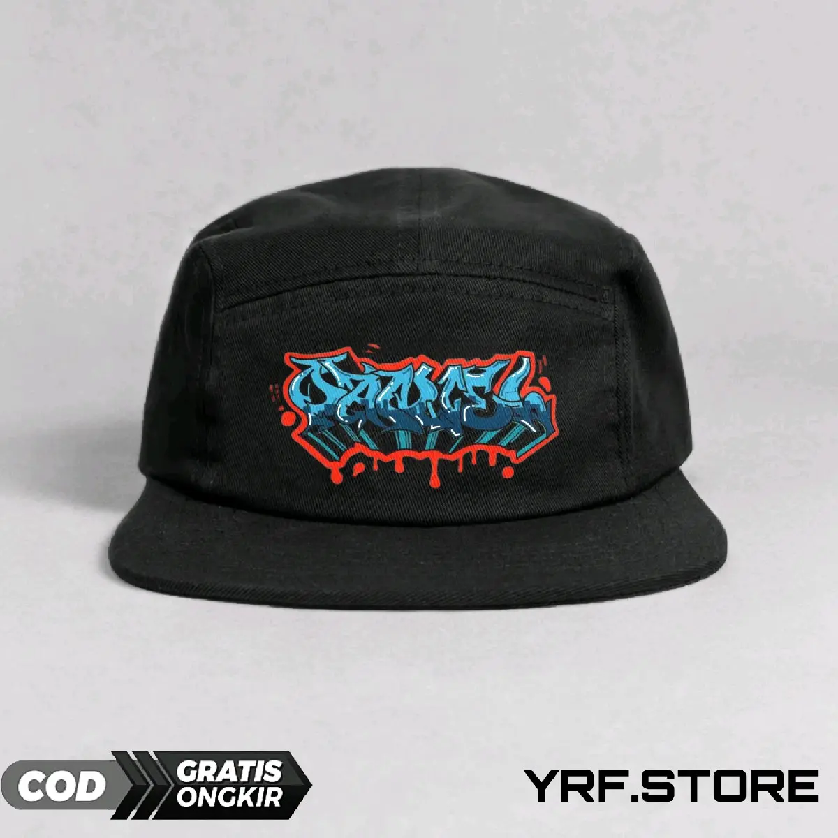 Topi Snapback 5 Panel YRF.STORE Warna Hitam dengan Logo Sablon Unik gambar SANIEH Simpel,Topi skena,five panel snapback,topi skena outfit,topi,sku29