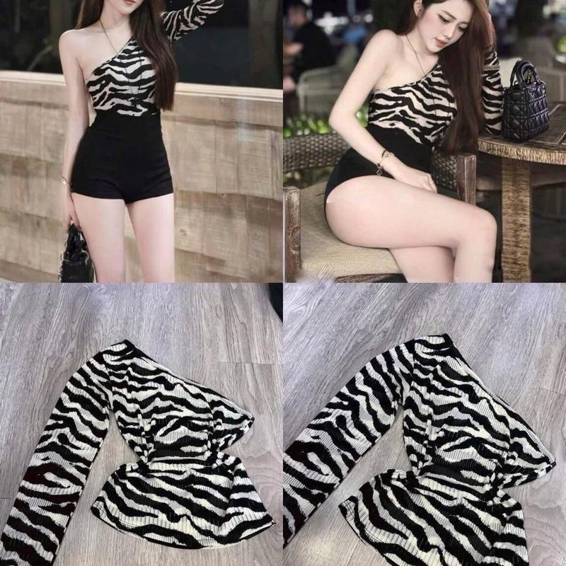 Áo thun lệch vai 1 tay sọc vằn áo tay dài