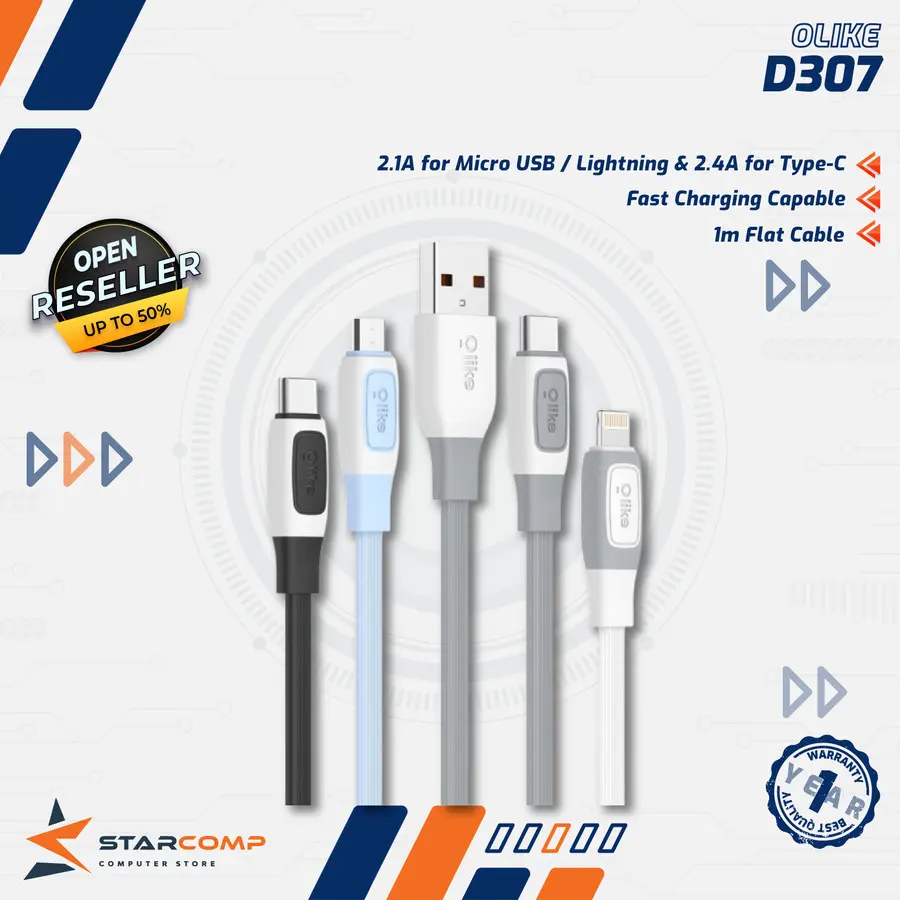 Olike D307 Kabel Data Fast Charging 2.4A Flat Cable Micro USB / Type-C / Lightning