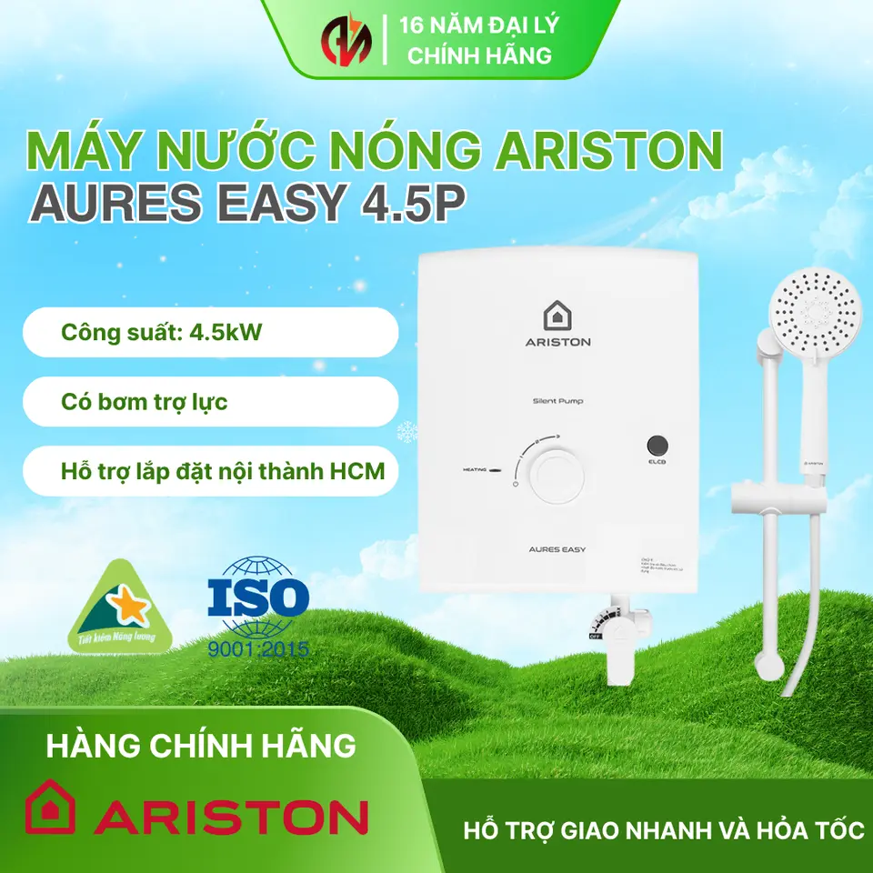 Máy Nước Nóng Trực Tiếp Ariston AURES EASY 4.5P Công Suất 4500W - Có Bơm Trợ Lực, Chống Giật ELCB - Bảo Hành 24 Tháng