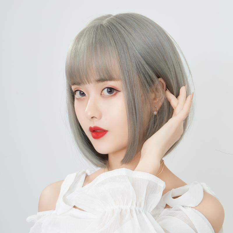 Wig Female Short Hair Bobo Grandma Gray Wave Head Round Face Hair Cover Full Head Cover Air Bangs Straight Hair Natural 1