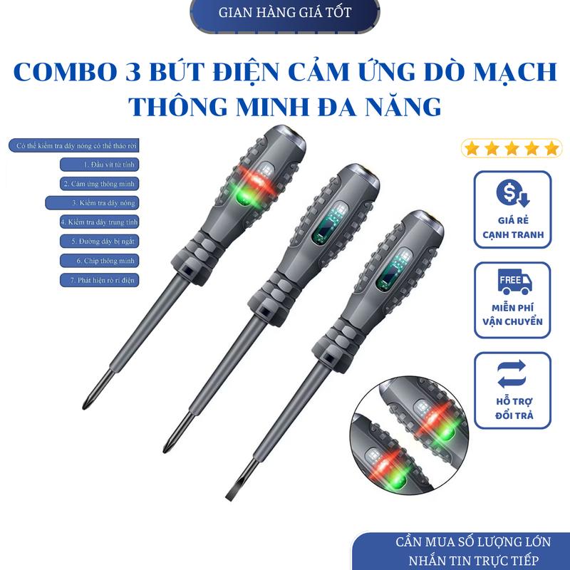  COMBO 3 Bút Thử Điện Cảm Ứng Đèn Led Thông Minh Đa Năng Đầu Vít Từ Tính Đo Thông Mạch Tìm Dây Đứt Ngầm Kiểm Tra Pha Nóng Lạnh- 3 ButDien 