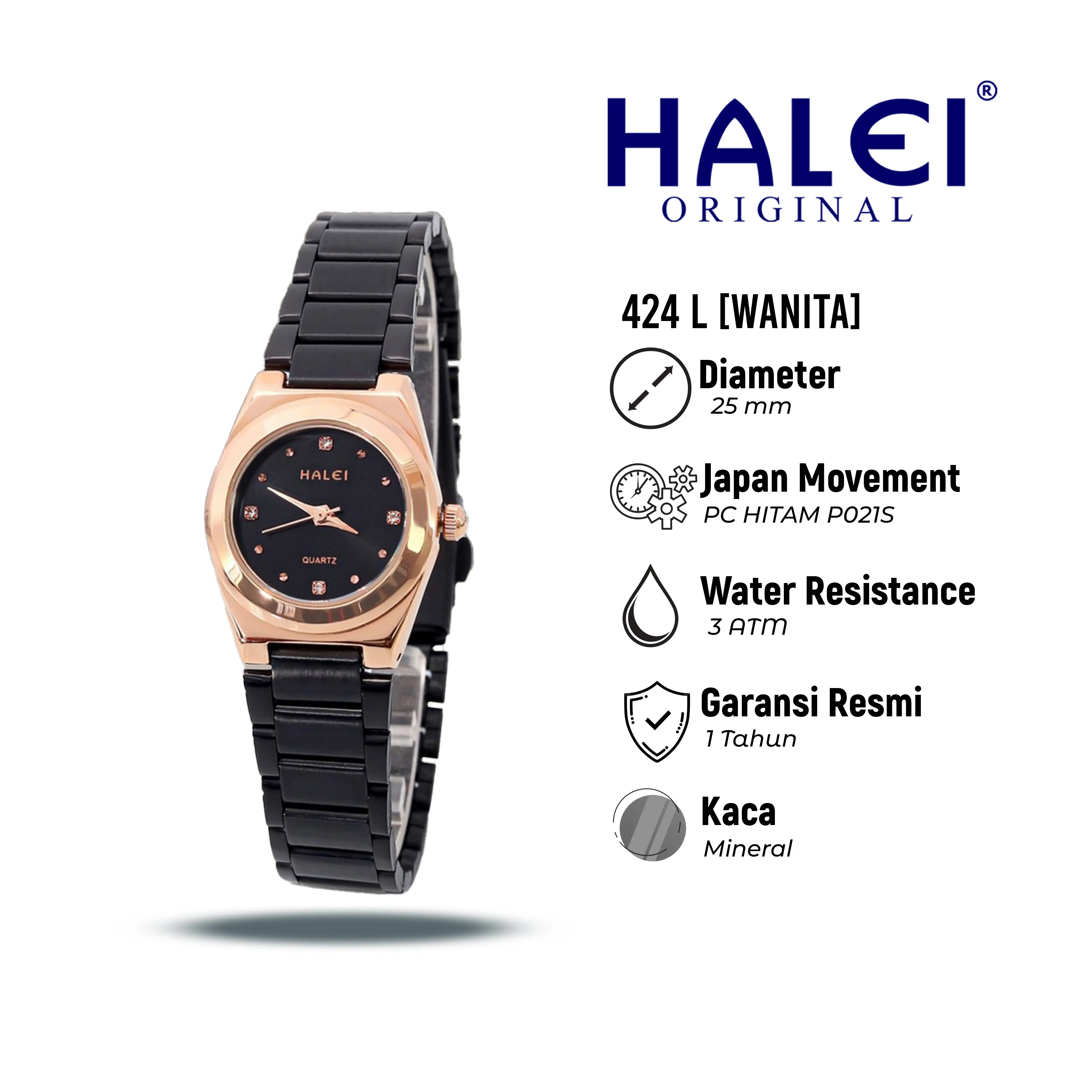 Halei Watch 424 L - Jam Tangan Wanita Rantai Stainless Steel Analog Kekinian - Tahan Air dan Garansi 1 Tahun. Free Box