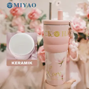 [COD] MIYAO Tumbler 710ML Keramik Thermos SUS316 Stainless Portable Bottle Botol Pink Flower