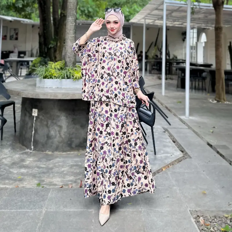 Setelan NAURA 0ne set baju dan rok Motif Kekinian Busui Friendly Wanita   Rayon Batwing Kancing Panjang Twill Lembut Viscose Atasan Nyaman Kerah Celana Bawahan 0