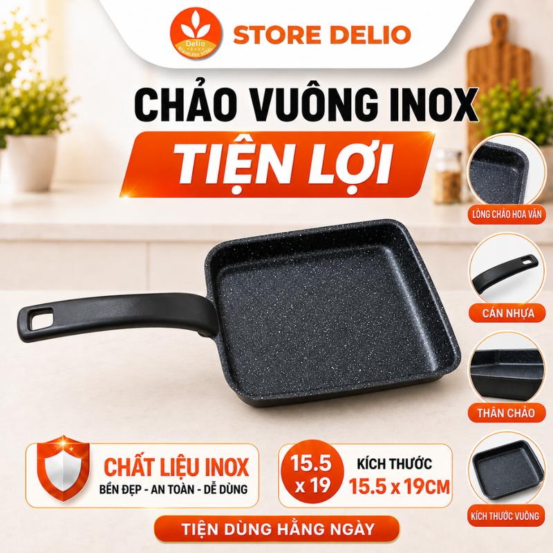 Chảo Inox Chữ Nhật Chống Dính Vân Đá, Chảo Chiên Trứng Cuộn Đa Năng, Chiên Xào Áp Chảo Tiện Lợi