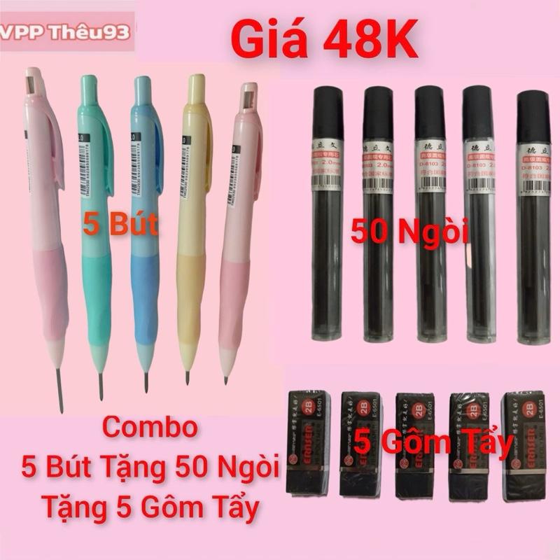 Combo 5 Bút chì cá heo kèm 50 ngòi thay và 5 Gôm Tẩy cho bé tập viết . Bút chì bấm bút chì ngòi 2.0mm bút chì định vị tay cầm giúp bé ầm bút đúng tư thế đồ dùng học tập văn phòng phẩm VPP Thêu93