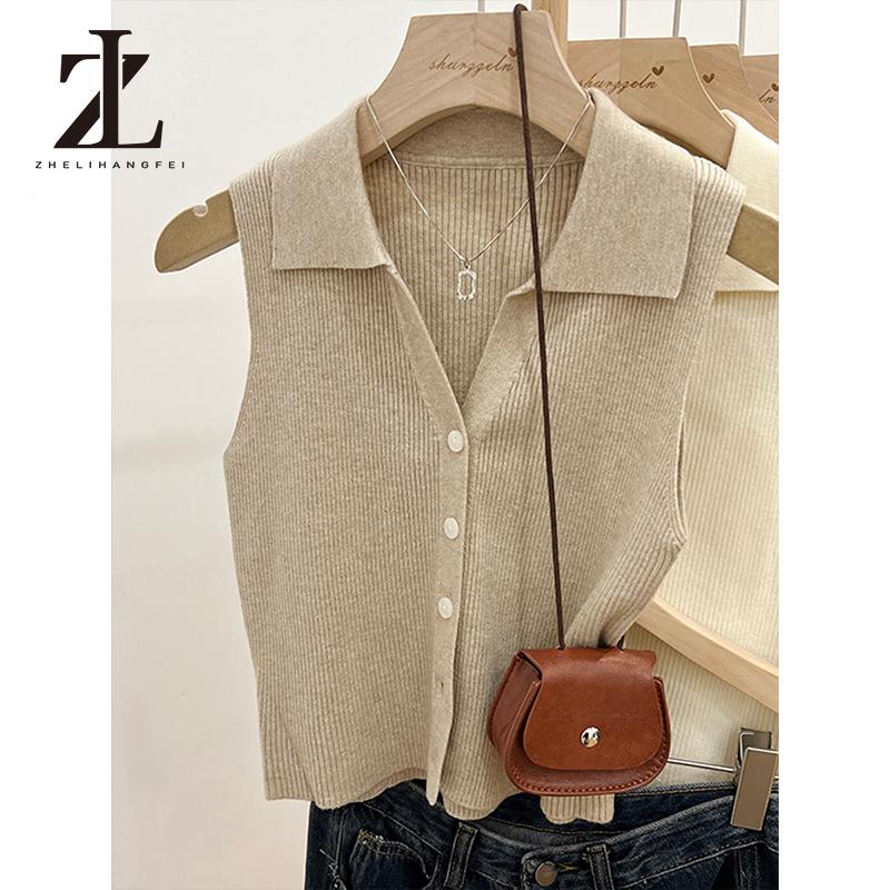 Áo len dệt kim cổ POLO treo áo vest ngoài cho nữ mùa hè sang trọng băng lụa áo không tay hàng đầu