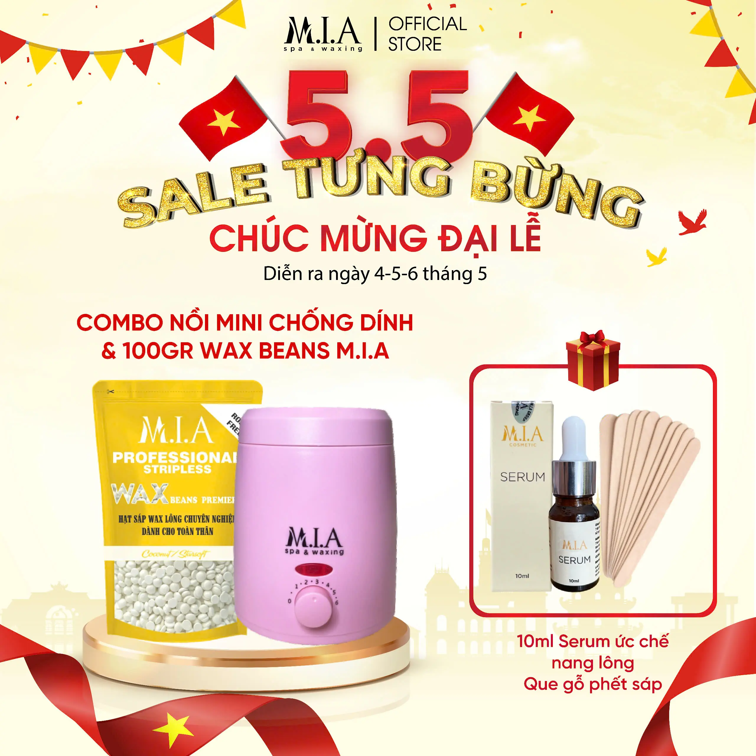 Combo Nồi Nấu Sáp Chống Dính Mini và túi 100gr sáp wax lông MIA WAXING tặng 10ml serum hỗ trợ giảm lông