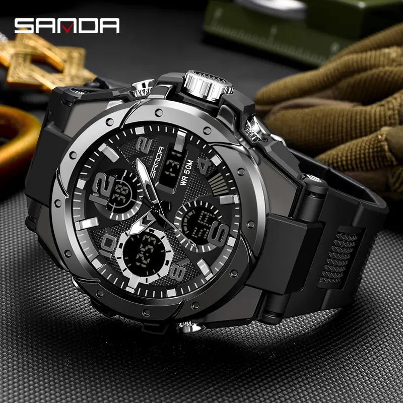 Jam Tangan Elektronik Analog, AW24 SANDA 6008, Untuk Lelaki, Kalis Air, Jam Tangan Sukan, Paparan Digital, Sesuai untuk Lelaki, Penghantaran Pantas Tempatan