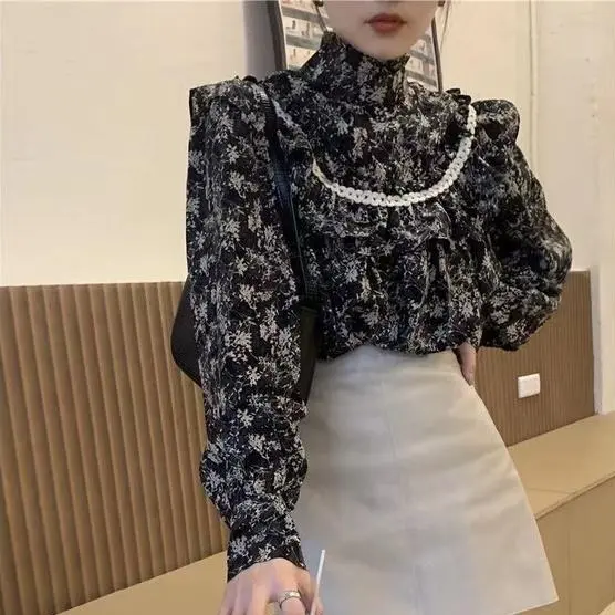 Korea Women Fashion Long Sleeve Loose floral ruffle Blouse