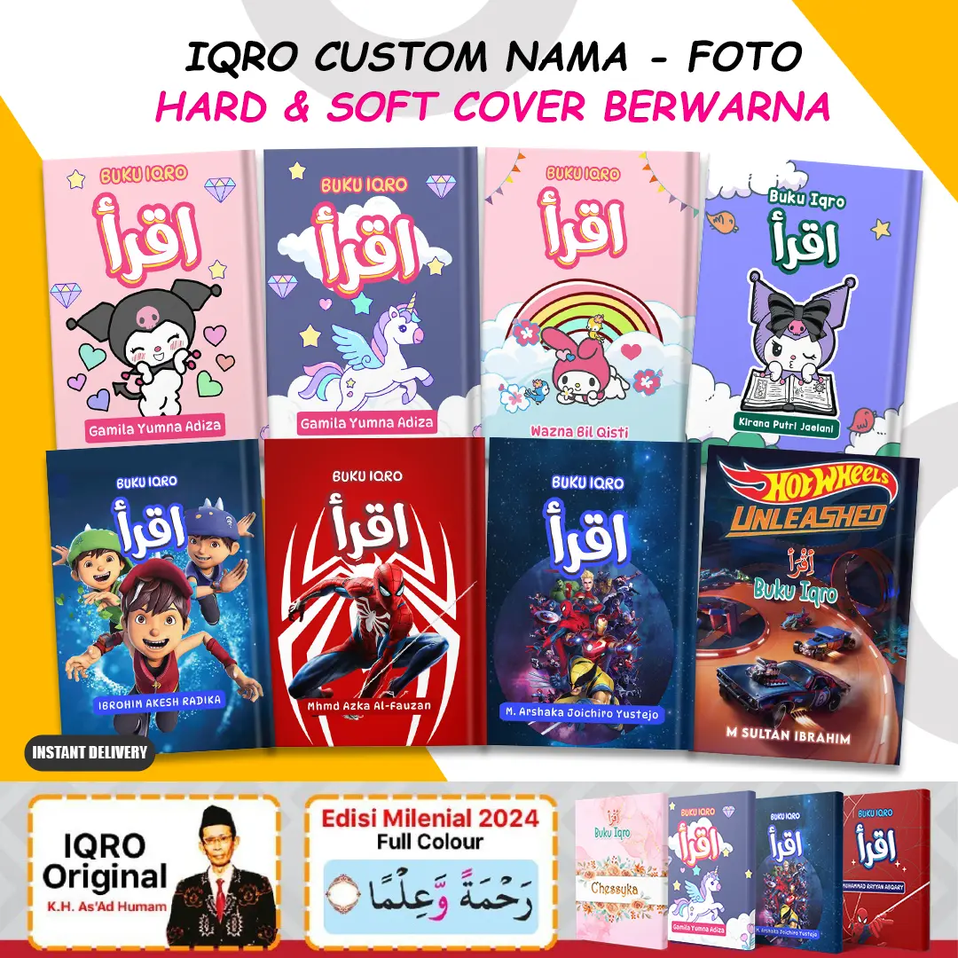 Iqro Anak Milenial Custom KARAKTER QR Code Kids Custom Nama Hard Cover Dan Soft Cover - Custom Nama dan Desain iqro 1 sampai 6