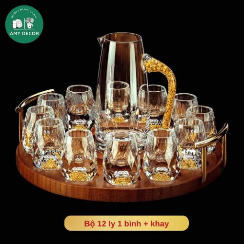 Bộ Ly Uống Rượu Pha Lê – Nhiều Tùy Chọn: 6 hoặc 12 Ly Kèm Bình & Khay Gỗ | Thiết Kế Đáy Vàng Sang Trọng