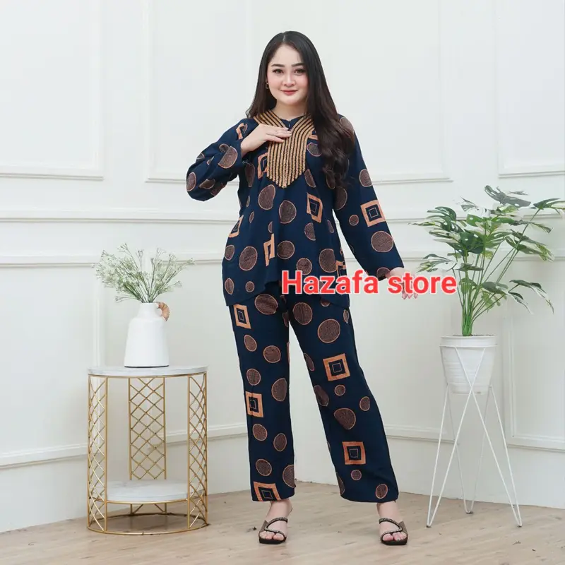 Setelan Baju Celana Wanita Dewasa Lengan Panjang Kombinasi Renda Terbaru Bahan Rayon Motif Kekinian  Viral terbaru2024 1