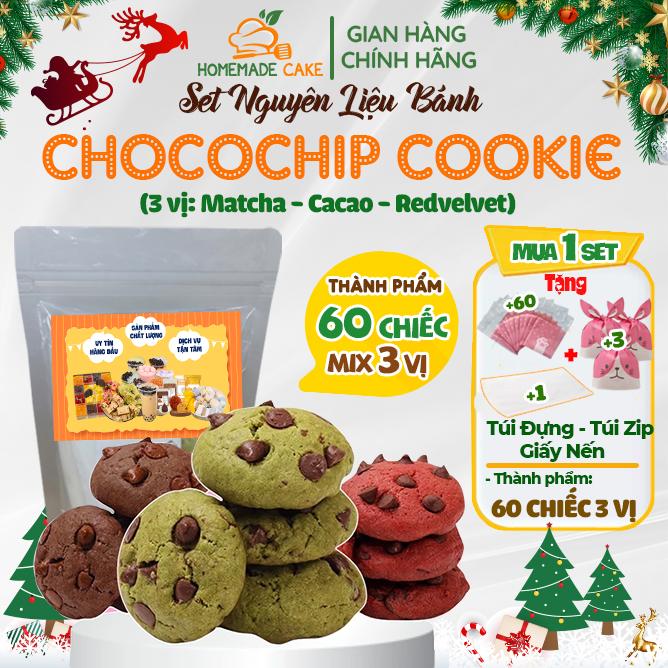 Set làm bánh Chocochip Cookie -60 CHIẾC MIX 3 VỊ- Nguyên liệu làm bánh quy Socola Chip Snack Ăn Vặt