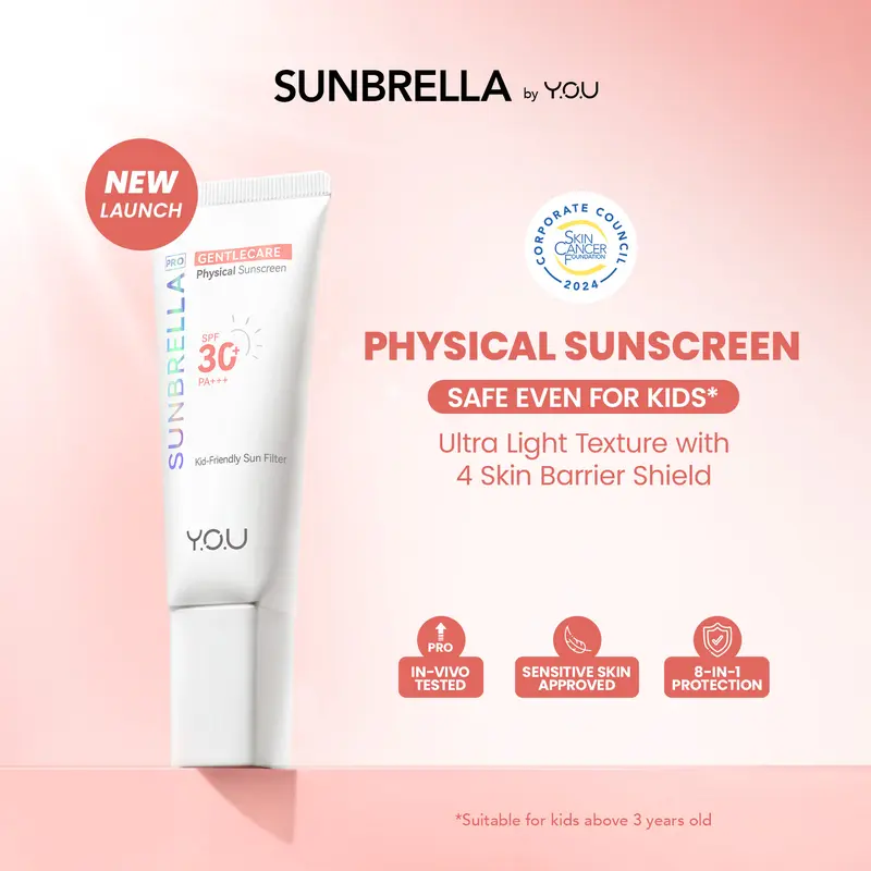 YOU Sunbrella Pro Gentlecare Physical Sunscreen SPF 30+ PA+++ Sunscreen Kulit Sensitif & Anak 8 in 1 Protection Ceramide Hyaluronic 1