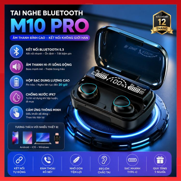 Tai Nghe Bluetooth M10 Phiên Bản Pro Nâng Cấp Pin Trâu, Nút Cảm Ứng Tự Động Kết…