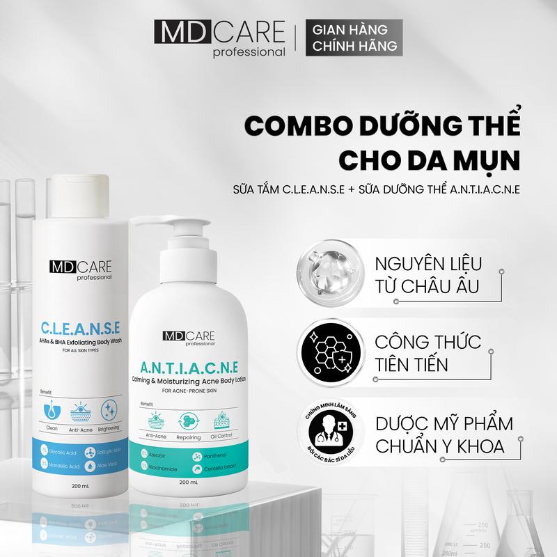   CHÍNH HÃNG  MD CARE Bộ Đôi Chăm Sóc Da Mụn Với Sữa Tắm AHAs & BHA Exfoliating Body Wash 200ml + Dưỡng Thể Cho Da Mụn Calming Acne Body Lotion 200ml 