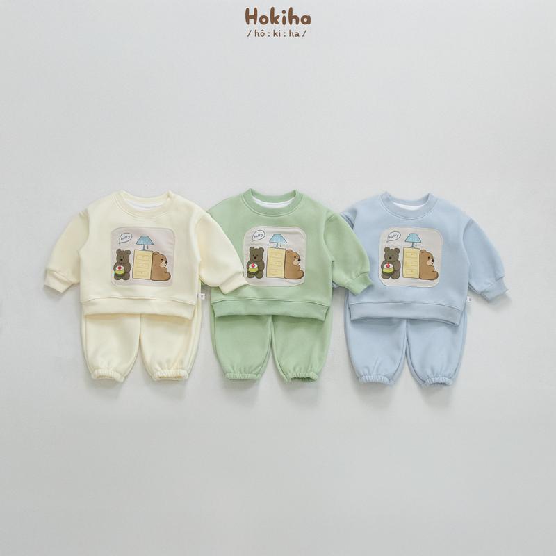 [Hokiha] B191-Bộ quần áo nỉ đáp hình gấu dễ thương cho bé trai bé gái vải nỉ lót lông nhung dày dặn, mềm mại, ấm áp size 8-17kg