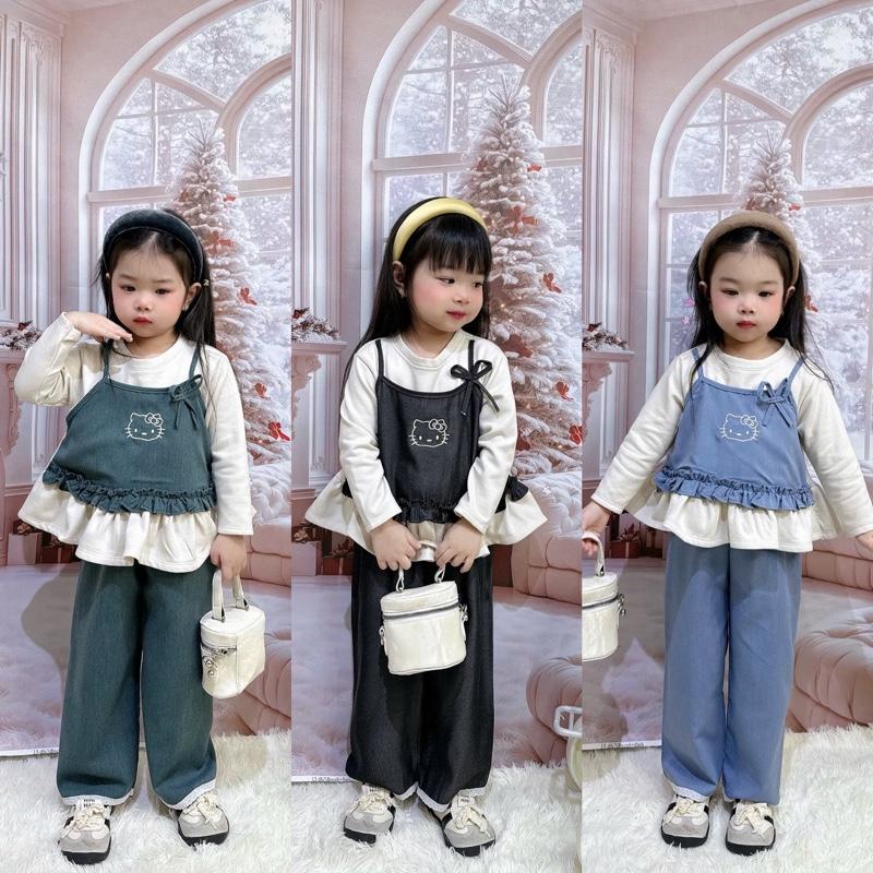  Sét Áo Thun Dài Tay Phối Yếm 2 Dây Thêu HelloKitty + Quần Giả Bò Siêu Mềm Cho Bé Gái 