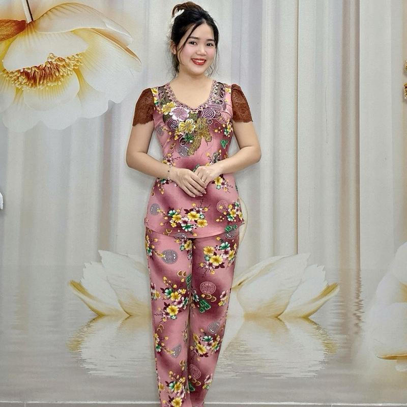 B25 Đồ Bộ Nữ Trung Niên Thun Tơ Hoa Cao Cấp Tim Thêu Phối Tay Ren Màu thương hiệu Hải Són