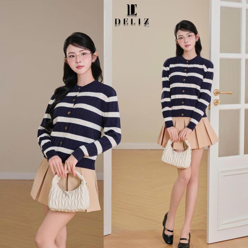 [MỞ BÁN] DELIZ - Áo len cardigan lông thở vặn thừng kẻ ngang cho nữ mùa thu đông CD849