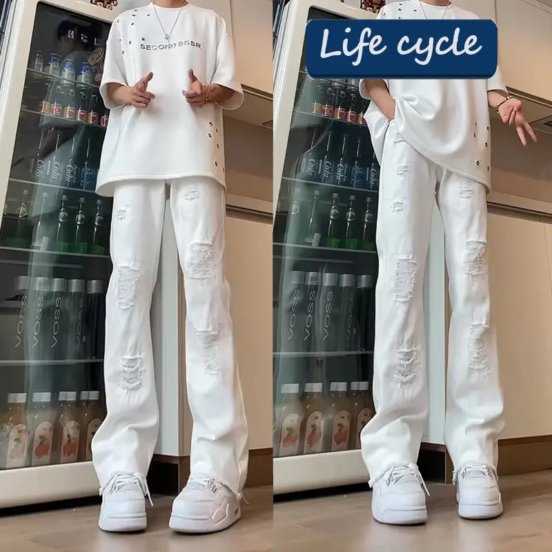 Quần bò nam boy phố quần jeans trắng quần jean ống suông nam quần jeans nam dài quần jean nam rách gối thời trang hiphop style quần âu nam hàn quốc wash  Pants Menswear Màu Đen Có Túi