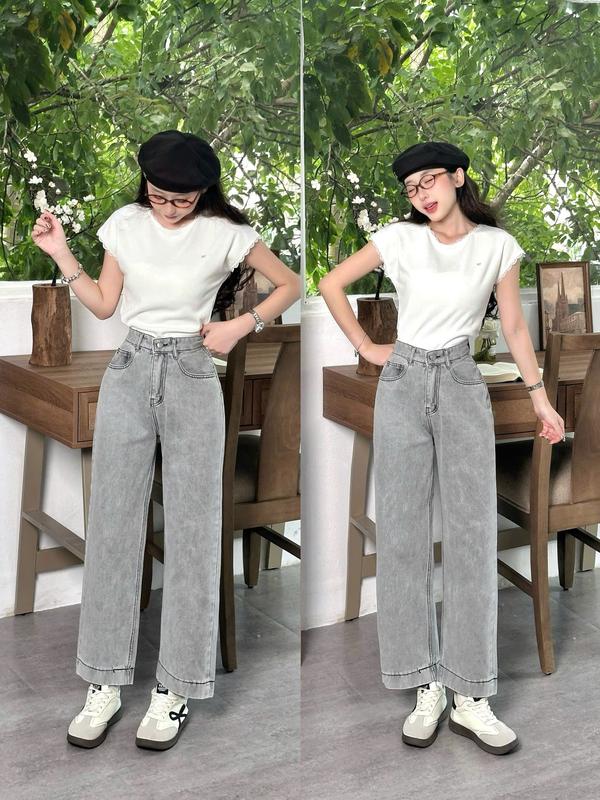  DEAL MỞ BÁN  Suông 90cm-95cm  M33 Quần jeans suông nữ xám bạc   Không co giãn khonhamai 