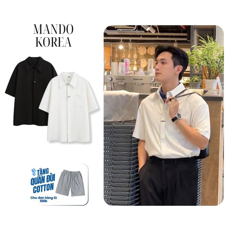  SHT040 Áo Sơ mi cộc tay Metal-Shirt giấu cúc tag logo kim loại Oversized MANDO Menswear 