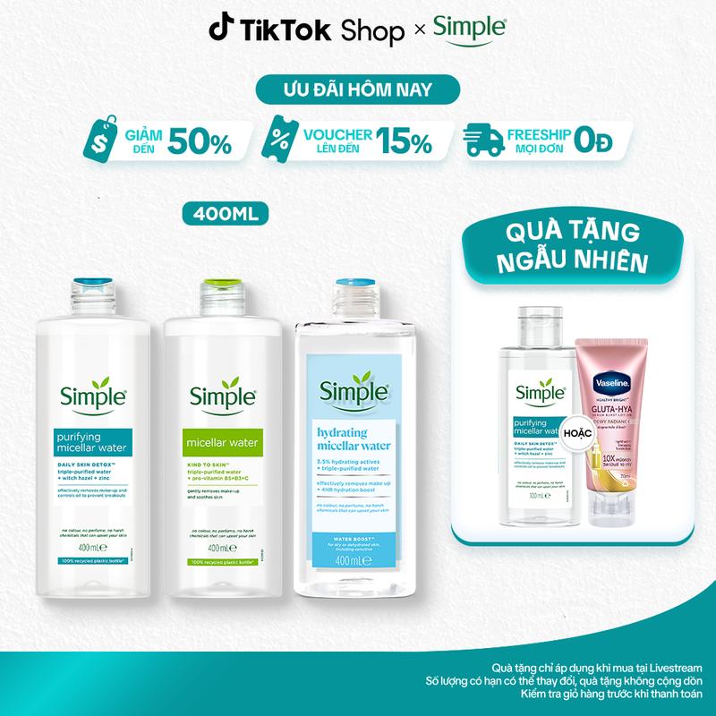 Nước Tẩy Trang Simple Micellar Giúp Loại Bỏ Bụi Bẩn Và Lớp Trang Điểm Cho Da Thoáng Mịn 400ml Nữ