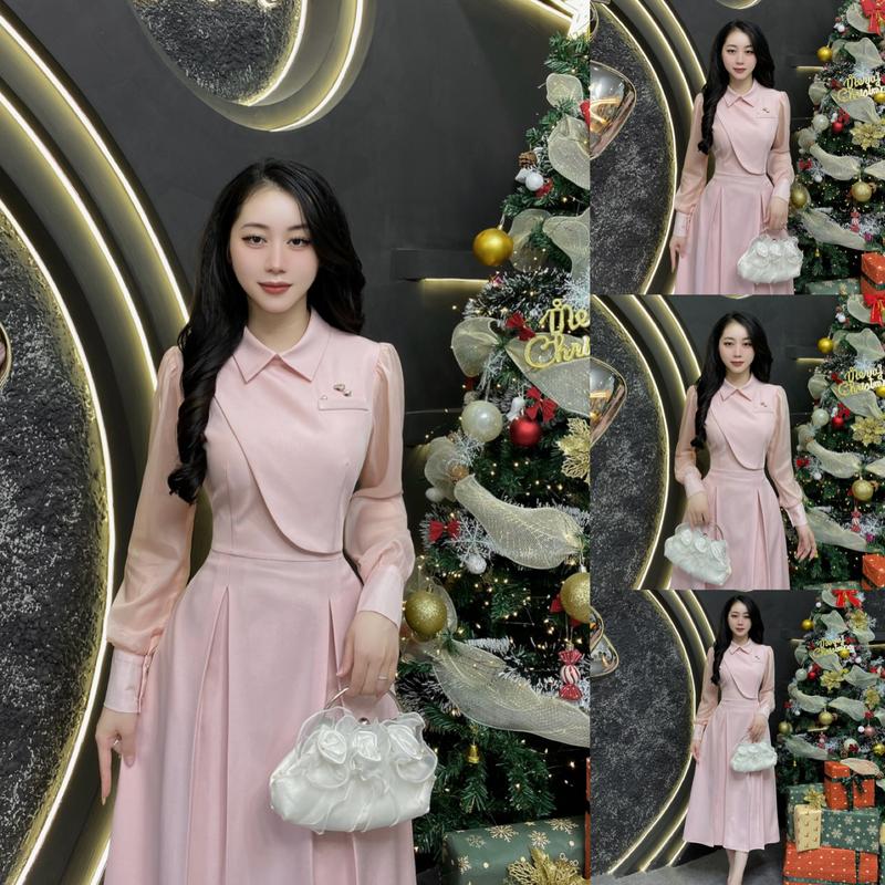  VK24 - Váy Thiết Kế Evii dành cho nữ Đầm thiết kế liền thân cổ bẻ phối tơ dáng A xếp ly dài phù hợp đi làm đi chơi và đi dự tiệc. Có Bigsize Women Dress 