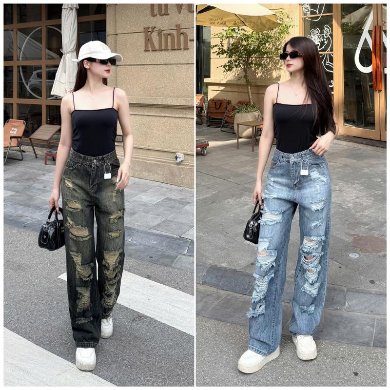 Quần jean rách MELINA quần bò ống suông nữ cạp cao tôn dáng màu đen ánh rêu xanh nhạt S M L SPG18