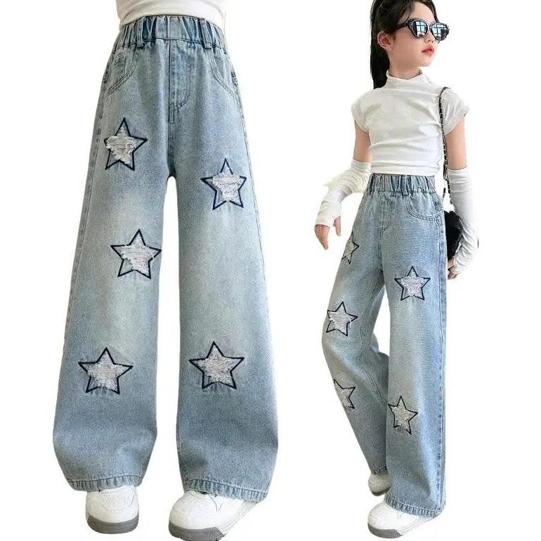 (16-50kg) Quần jean bé gái 10 tuổi dáng xuông rộng.trang trí rách hình ngôi sao (mã Rsao015)