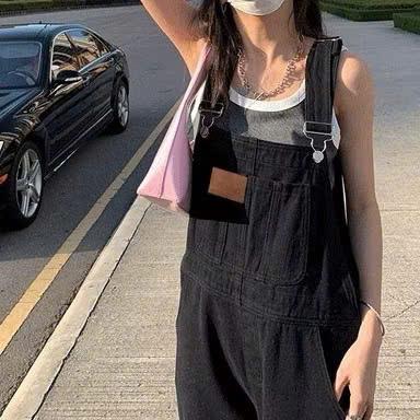  Quần yếm jean nữ dài ống rộng Quần yếm dài phong cách Hàn Quốc_Y3 