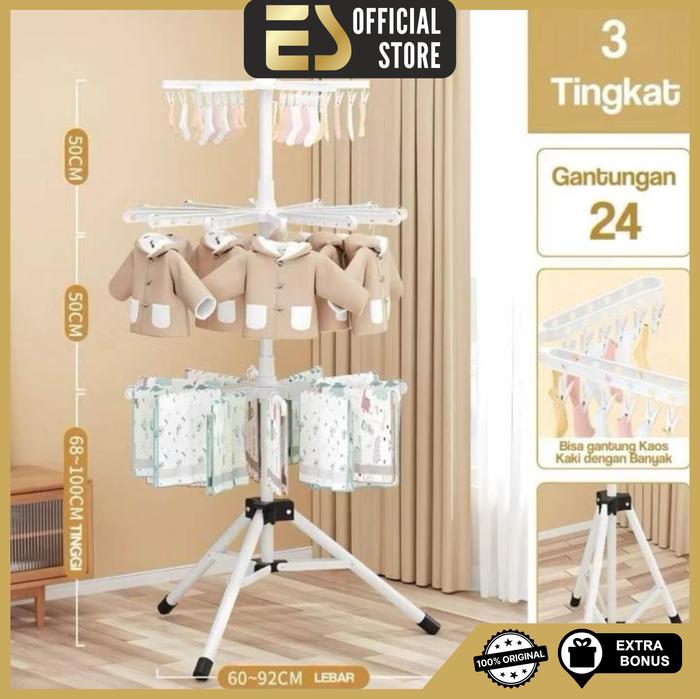 Gambar [PREMIUM] ES Jemuran Menara Stainless Dengan Gantungan Jemuran Pakaian Bayi Jemuran Susun Anti Slip Portable Dapat Dilipat Muat Banyak - 3 Tingkat (29Tiang 24 Penjepit) dari ES Indonesia Kota Tangerang Tokopedia