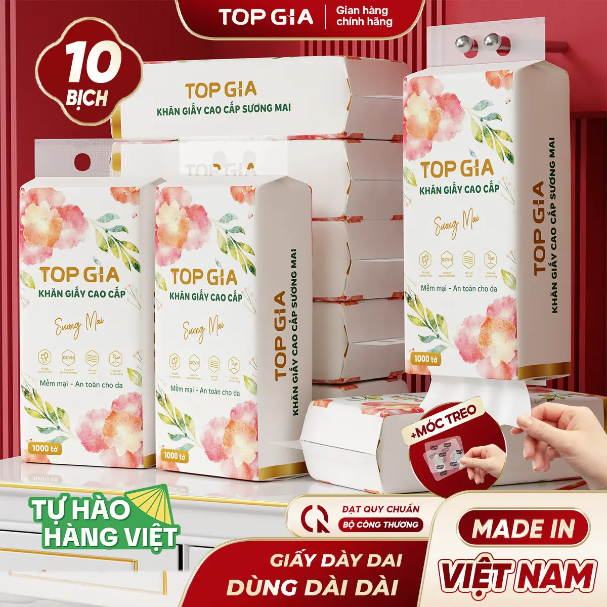 [THÙNG 10 BỊCH - CẢI TIẾN] Thùng 10 bịch Khăn Giấy Rút Đáy Sương Mai Tặng Móc Treo Tường - 1000 TỜ, Giấy SƯƠNG MAI Dập Vân 4D - Tờ Dai - Giấy Mịn Hơn, ĐẠT QUY CHUẨN CỦA BỘ CÔNG THƯƠNG VTG88