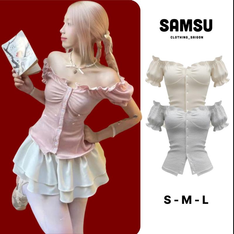 Áo Trễ Vai Kiểu Nữ Tay Bồng Có Dây Thắt Eo Mùa Hè Chất Lông Thỏ Co Dãn Samsu.clothing_saigon