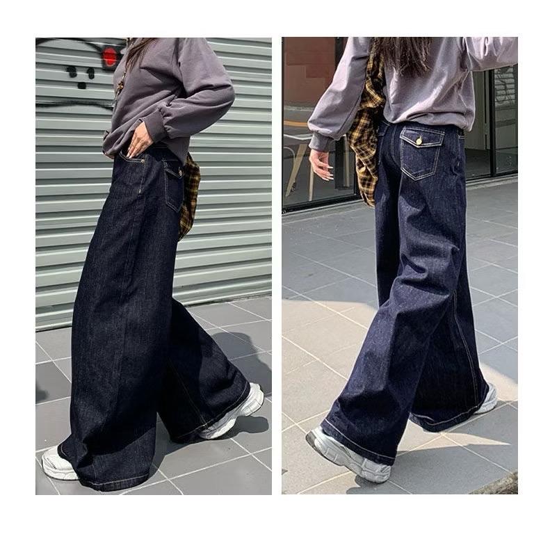 ￼Quần Jean nữ VS09 Xanh Than Chỉ Nổi Suông Rộng Quần Jean Bò Mềm Chỉ Nổi Lưng Cao Tôn Dáng JEAN BIGSIZE