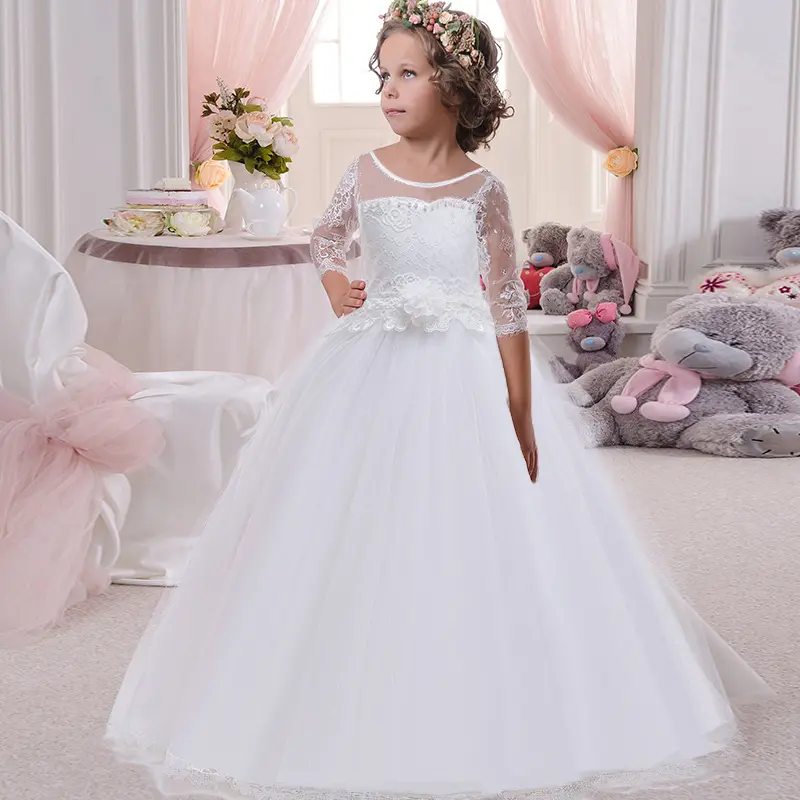 227 Flower Girls Long Lace Bridesmaid Dress Wedding Party Evening Formal Pegeant Maxi Tulle Ball Gowns 4 14 Years