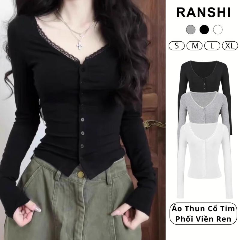 Áo Thun Nữ Dài Tay Cổ Tim Phối Viền Ren RANSHI Ôm Body Sexy Quyến Rũ Chất Cotton Mềm Mịn Co Giãn - RA332 Women Nữ Top