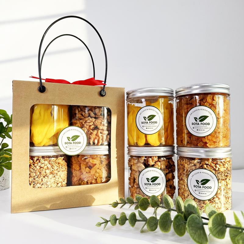 [SET QUÀ TẶNG] Set quà theo yêu cầu - quà tặng tết, quà tặng bạn gái, quà tặng sinh nhật - Nhân óc chó vàng, yến mạch nướng mật ong, xoài sấy dẻo, nho sấy