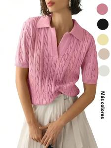 Suéter de punto liso para mujer, pulóver casual de manga corta con cuello para primavera, prendas de punto de moda para uso diario