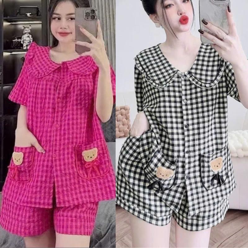 Set Bộ Đùi Tiểu Thư Bigsize Đồ Bộ Nữ Mặc Nhà Ngủ Dễ Thương Chất Đũi Vân Nhung Set Bộ Kẻ Caro Gấu Xinh MS479 Top Women