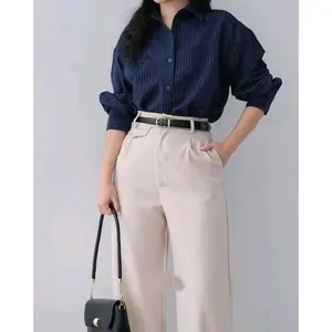Kemeja Salur Jumbo Dewasa Cewek Woman Striped Collar Shirt Baju Kerja Atasan Wanita Lengan Panjang Semiwool Premium Quality Top Basic Casual Simple